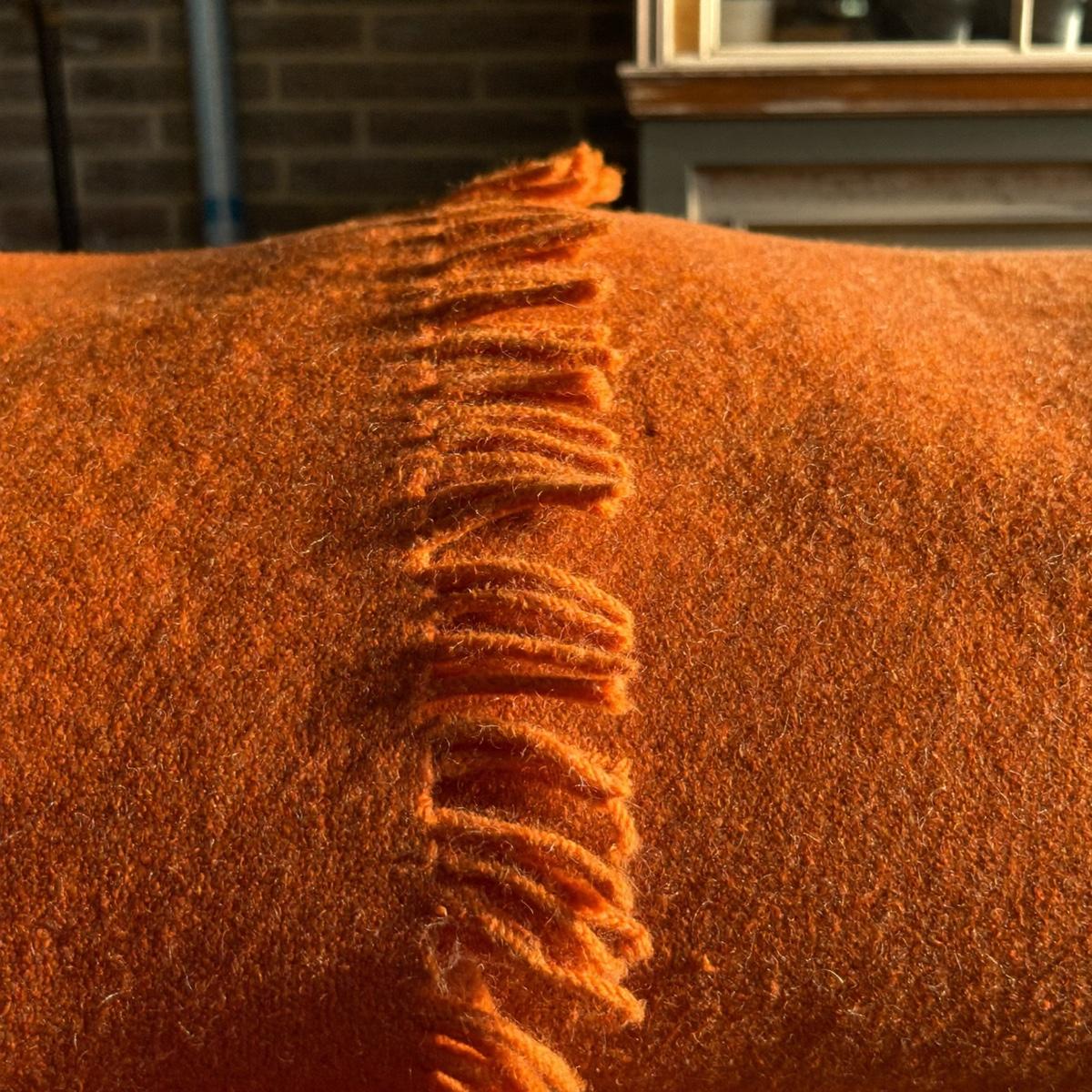 A folded wool blanket.